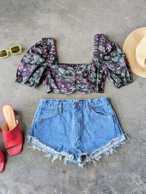 Zara Milkmaid Black Pink Green Floral Puff Sleeve Crop Top size XS